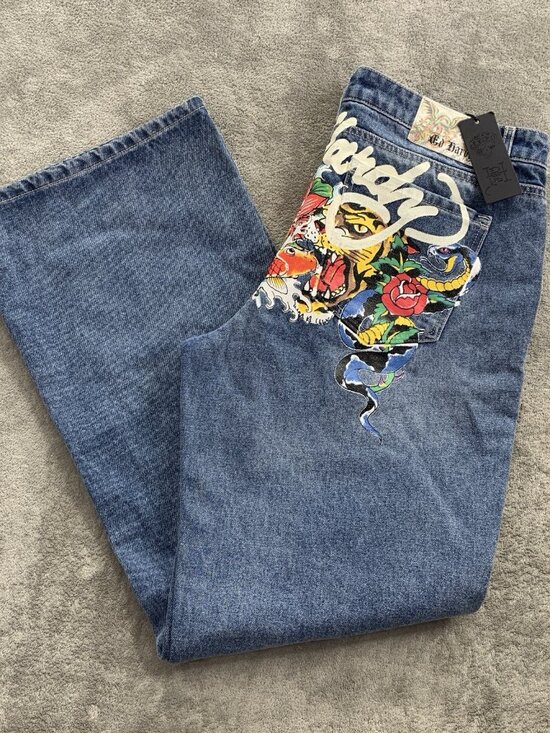 Ed Hardy Denim - Ed Hardy Baggy Jeans Womens 32x31” Blue Multi Tattoo Painted Logo Koi Tiger Y2K